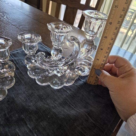 Elegant  "Caprice" Cambridge Glass Cascading Swirl 3 Lite Candle Holder Pair - Picture 9 of 10
